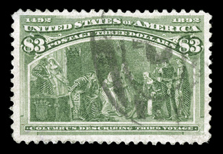 243, $3.00 Columbian, used, bright fresh color, well centered within unusually large margins, lightly cancelled, faint diagonal crease and a light thin at top left, filled
corner thin at bottom right, choice very fine appearance 2006 PF certifi