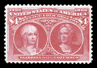 244, $4.00 Columbian, well centered and margined, bright color, full o.g., lightly hinged, choice very fine a desirable example of this popular stamp 1997 PF
certificate.