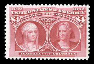 244, $4.00 Columbian, quite well centered within large margins, lovely bright color on fresh white paper, o.g., lightly hinged, tiny gum wrinkle at right, very fine clear 1998
APS certificate.