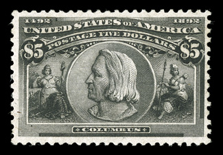 245, $5.00 Columbian, handsome mint example of this popular high value commemorative, possessing a desirable overall freshness, with rich color and a prooflike impression on
bright paper, well centered, full o.g., lightly hinged, very fine and c