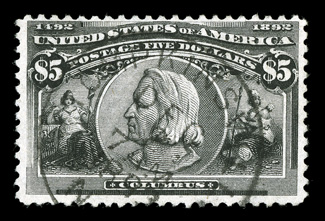 245, $5.00 Columbian, marvelously fresh used example, with strong color and impression on pristine white paper, neatly cancelled by a light c.d.s. of Tomkinville, N.Y., nearly
very fine 1991 PF certificate.