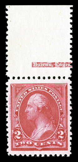 250, 2c Carmine, Ty. I, a wonderfully choice top sheet-margin partial imprint single, being remarkably well centered amid immense margins seldom associated with any of the
Bureau issues, radiant color, unblemished o.g., n.h., extremely fine gem