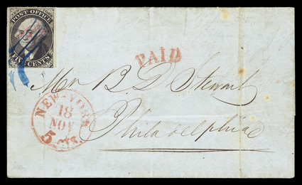 9X1b, New York, N.Y. 5c Black Postmaster Provisional, signed A.C.M., single with four margins ranging from close at bottom to quite large at right, strong color and impression,
tied by blue pen stroke on folded cover to Philadelphia, red New Yo