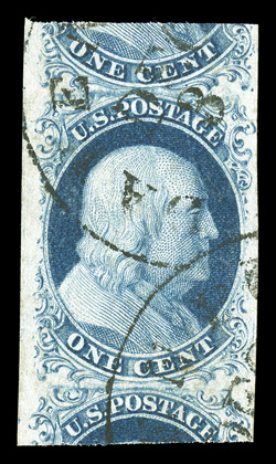 7, 1c Blue, Ty. II, a stunning appearing used single, apparently cut from a vertical strip so that enormous equal portions of adjoining stamps at top and bottom appear, plus its
margins at the sides are unusually wide as well, lovely rich color