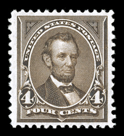 254, 4c Dark brown, a highly select mint single, being wonderfully well centered amid particularly wide margins, rich color, unblemished o.g., n.h., extremely fine 1992 PF
certificate ex-Zoellner.