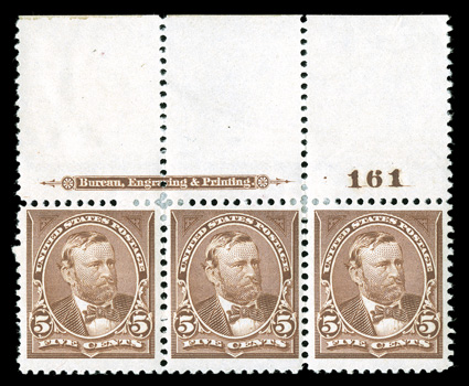 255, 5c Chocolate, full top margin imprint and plate no. 161 strip of three, nicely centered and margined, o.g., small h.r.s, couple nibbed perfs at lower left, otherwise very
fine.