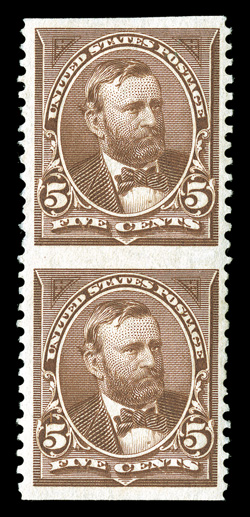 255c, 5c Chocolate, imperforate horizontally, vertical pair, excellent centering and large margins, sumptuously rich color, o.g., small filled thin at upper left, extremely
fine appearance fewer than 50 pairs are believed to exist.