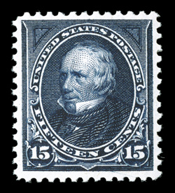 259, 15c Dark blue, well centered within large margins, intense prooflike color and impression on brilliantly white paper, o.g., n.h., extremely fine 2008 PSE certificate
(VF-XF 85 SMQ $1,450.00).