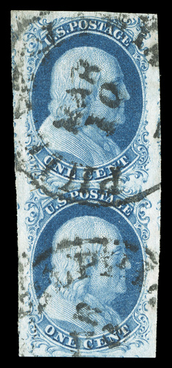 7, 1c Blue, Ty. II, a superb used vertical pair, being positions 2-12R2, featuring huge margins all around, plus it possesses outstanding rich color and a deeply etched
impression on immaculate white paper, neat c.d.s. cancels, extremely fine 1