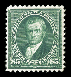 263, $5.00 Dark green, choice mint example of this popular and difficult high value, being quite well centered for the issue, with especially deep and luxuriant color, strong
detailed impression, full o.g., lightly hinged, very fine an especial