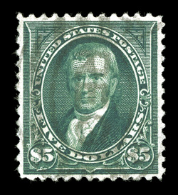 263, $5.00 Dark green, well centered though reperforated at right, deep color, registry cancel, very fine appearance clear 1985 PF certificate.