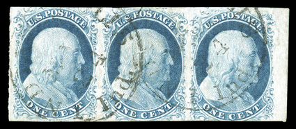 7, 1c Blue, Ty. II, horizontal strip of three, positions 18-20L1E, with sheet margin at right, other margins range from large to just into the bottom of design on right stamp,
fresh color, light Indianapolis c.d.s. cancels, very fine 2002 PF ce