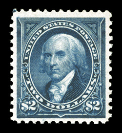 277, $2.00 Bright blue, a remarkably fresh and choice mint example, with stunning intense color and a prooflike impression on immaculate white paper, plus it is well centered
within much larger margins than normally encountered, fresh clean o.g.