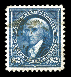 277, $2.00 Bright blue, stunning prooflike color and impression on pristine white paper, remarkably well centered and margined, light cancel, a tiny tear at top is the only
thing separating this stamp from gem status, extremely fine appearance
