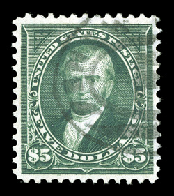 278, $5.00 Dark green, impressive used single, exceptionally well centered and margined, bright color and a well defined impression, relatively light double oval cancel,
extremely fine 2010 PF certificate.