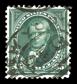 278, $5.00 Dark green, used, unusually well centered, strong rich color, tiny perf. tear at right, otherwise extremely fine 2003 PSE certificate (VG-F 60 SMQ does not list that
grade).