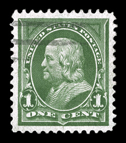279, 1c Deep green, marvelously well centered within extravagantly large margins, brilliant color, uncommonly light cancel, extremely fine 2009 PSE certificate (XF-Superb 95
Jumbo SMQ $95.00 for 95 and $320.00 for 98).