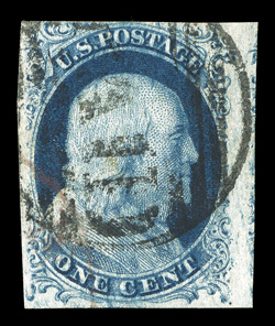 7 var., 1c Blue, Ty. II, Plate 3, used, margins range from just touching at top to a huge right margin, deep intense color characteristic of Plate 3, large Paid in grid and a
light red transit pmk., very fine 2007 PF certificate (VF 80).