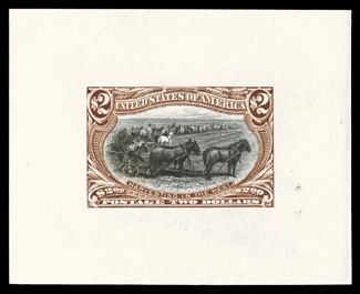 285-E8 to 293-E7, 1c-$2.00 Trans-Mississippis, bicolor die essays cplt., each is a full size die (approx. 61x50mm) off card, usual small India paper flaws, still a very fine
set of these attractive essays.