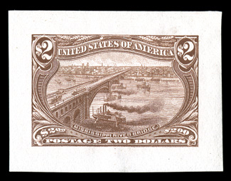 285-93P2, 1c-$2.00 Trans-Mississippi, small die proofs from the Roosevelt album removed from grey backing card, cplt., 2c and 4c with thinned spot, otherwise very fine only 85
sets exist.