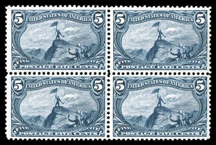 288, 5c Trans-Mississippi, mint block of four, uncommonly well centered, sumptuously rich color, o.g., n.h., extremely fine and choice.