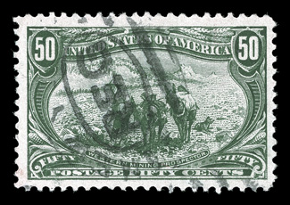 291, 50c Trans-Mississippi, used, excellent centering within extraordinarily large margins all around, sumptuously rich color and a strong detailed impression, relatively light
registry cancel, extremely fine a especially large-margined example