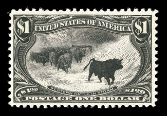 292, $1.00 Trans-Mississippi, nicely centered, attractive color, o.g., never hinged (quite scarce thus), very fine 2010 PF certificate.