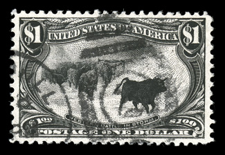 292, $1.00 Trans-Mississippi, premium used example, exceptionally well centered and margined, strong color, duplex cancel, extremely fine 2001 PSE certificate and a 2008 PF
certificate (XF 90).