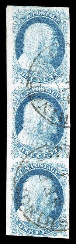 7-8A-7, 1c Blue, combination Ty. II-IIIa-II, vertical strip of three, positions 415161R1E, an eye-appealing strip, featuring large to very large margins on three sides
(including partial sheet margin at left and trace of adjoining stamp at top