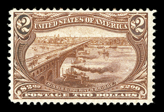 293, $2.00 Trans-Mississippi, fresh and crisp mint single, with wonderfully rich color and a highly detailed impression, much larger margins than typically found on this high
value, o.g., n.h., very fine a particularly difficult stamp to find i