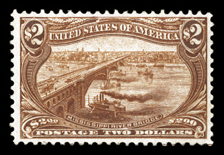 293, $2.00 Trans-Mississippi, well centered within unusually wide margins, lovely rich color, o.g., lightly hinged, very fine.