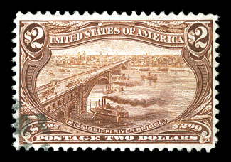 293, $2.00 Trans-Mississippi, a highly desirable used example of this scarce high value commemorative, outstanding centering, beautiful rich color and an excellent clarity of
impression, light cancel confined to the bottom right corner, extremel