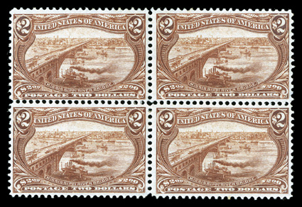 293, $2.00 Trans-Mississippi, handsome and rare mint block of four, unusually well centered, especially for a block, rich fresh color, o.g., lightly hinged, top right stamp
with a microscopic tear, otherwise very fine 2009 PF certificate.