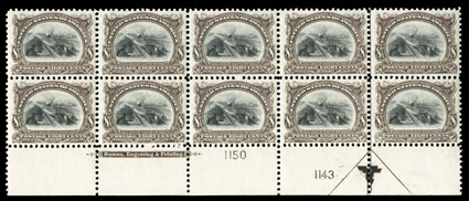 298, 8c Pan-American, a most impressive quality full bottom left margin arrow, imprint and plate nos. 1143, 1150 block of ten, featuring incredibly deep and luxuriant colors,
plus the overall centering outstanding, with each stamp remarkably wel