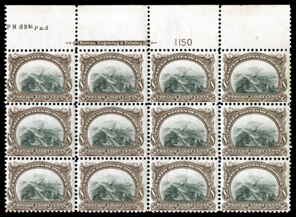 298, 8c Pan-American, full top margin imprint and plate no. 1150 block of twelve (4x3), strong rich colors, attractively centered, o.g., never hinged, third stamp on second row
with small gum skip, a couple trivial perf. separations at top, fine