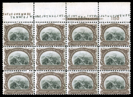 298, 8c Pan-American, full top margin imprint and plate no. 1150 block of twelve (4x3), nicely centered, rich colors, o.g., never hinged, some perf. separation in the top
margin, trivial margin crease above third column, fine-very fine.