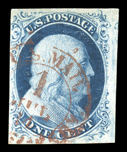 8, 1c Blue, Ty. III, handsome used single of this rare type, featuring a nearly full strike of a red carrier c.d.s. which complements the extraordinarily deep rich color of the
stamp, remarkably detailed impression clearly showing the distin