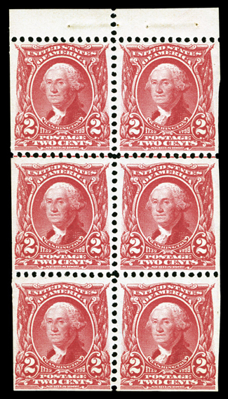 301c, 2c Carmine booklet pane of six, position E, with guide line between top two rows, fresh, o.g., never hinged, right margin scissor trimmed, fine-very fine 2009 PF
certificate.