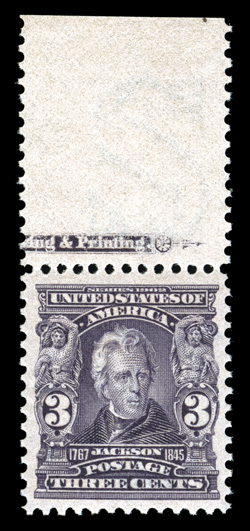 302, 3c Bright violet, handsome top sheet-margin partial imprint single, beautifully centered amid uncommonly large margins, rich color and a well incised impression, o.g.,
n.h., extremely fine and choice.