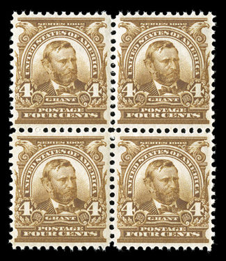 303, 4c Brown, choice mint block of four, extraordinarily well centered, sumptuously rich color, post office fresh and intact, o.g., n.h., extremely fine and
handsome.