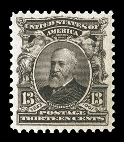 308, 13c Purple black, premium mint example, excellent centering and large margins, deeply rich color and impression, o.g., n.h., extremely fine 2008 PSE certificate (XF-Superb
95 SMQ $770.00).