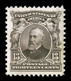 308, 13c Purple black, an impressive mint single, being fabulously well centered amid lavishly large margins, deep rich color and a razor sharp impression on fresh white paper,
immaculate o.g., n.h., extremely fine a large-margined gem.