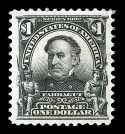 311, $1.00 Black, exceptionally well centered within uncharacteristically large margins, strong color and impression, o.g., relatively lightly hinged, extremely fine and choice
1999 PF certificate.