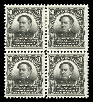 311, $1.00 Black, fresh mint block of four, intense color, o.g., top pair light h.r., the bottom stamps n.h., fine.