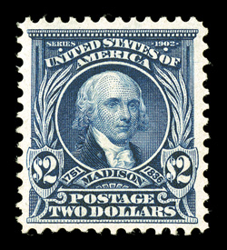 312, $2.00 Dark blue, well centered within large margins, strong color and a well incised impression on bright paper, pristine o.g., never hinged, choice very fine premium
never hinged examples of this stamp are not easy to come by 2009 PSE ce