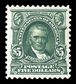313, $5.00 Dark green, wonderfully well centered within exceedingly large margins, strikingly rich color and an outstanding impression on fresh paper, o.g., lightly hinged,
extremely fine a highly desirable and large-margined Five Dollar 1902 I