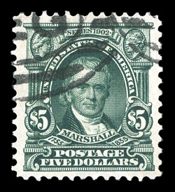 313, $5.00 Dark green, well centered within uncommonly large margins, strong color and impression, registry cancel, extremely fine a lovely used example of this high value 2003
PSE certificate (VF-XF 85 SMQ $840.00).