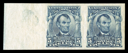 315, 5c Blue imperforate, left sheet-margin horizontal pair, other margins also very large, strong rich color, pristine o.g., n.h., extremely fine and choice.