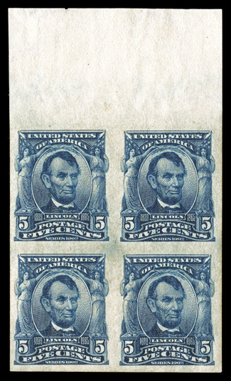 315, 5c Blue imperforate, handsome top sheet-margin mint block of four, with large even margins on the other three sides, deep rich color, pristine o.g., n.h., extremely
fine.