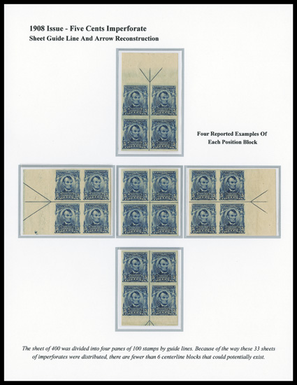 315, 5c Blue imperforate, a showpiece complete set of all four position arrow blocks of four, along with the centerline block, being a reconstruction of the sheet guide line
and arrow markings, a wonderfully matched set which is believed t